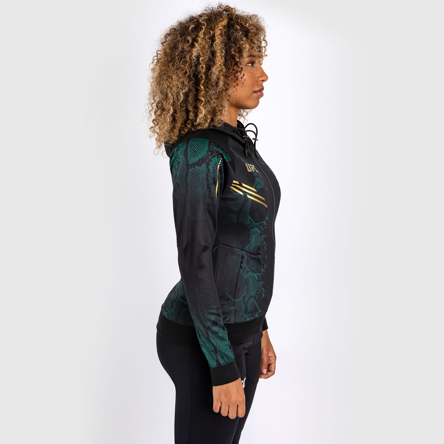 UFC Adrenaline by Venum Personalized Authentic Fight Night Felpa con cappuccio Walkout da donna - Emerald Edition - Verde/Nero/Oro