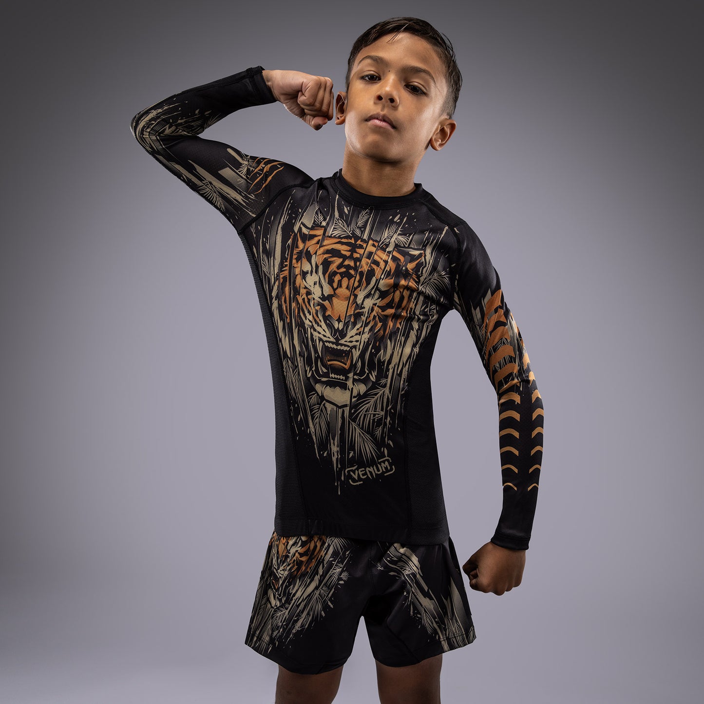 Venum Tiger Rashguard Maniche Lunghe Bambini - Nero/Arancione Neon