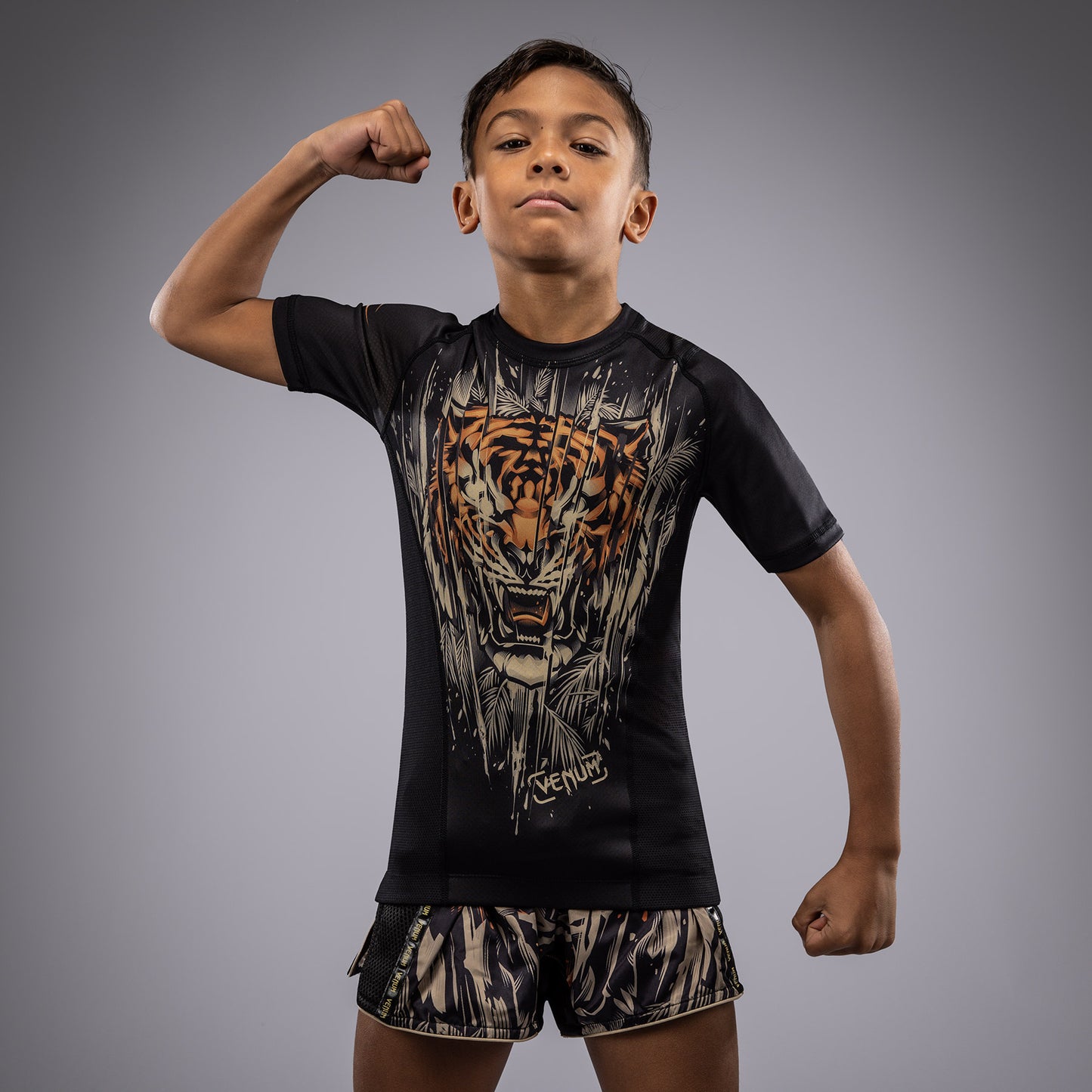 Venum Tiger Rashguard Maniche Corte Bambini - Nero/Arancione Neon