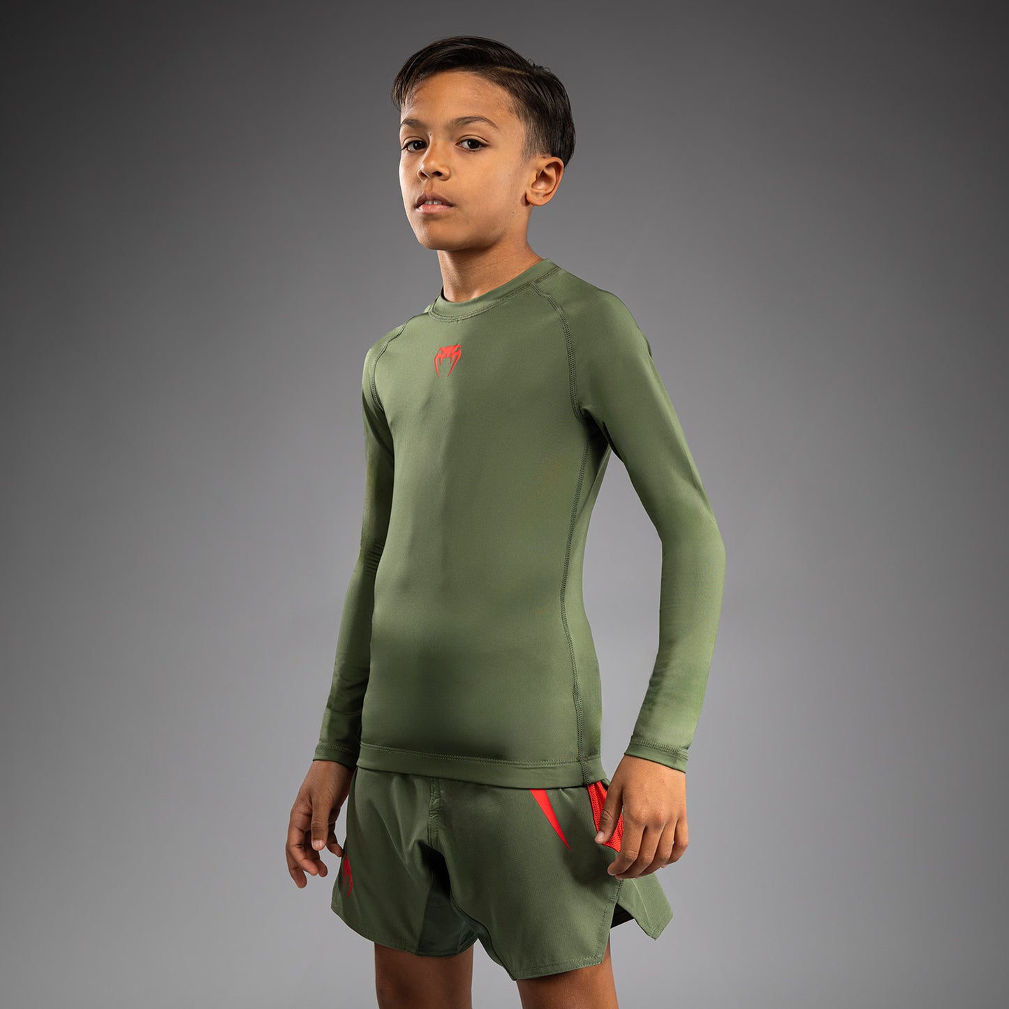 Venum Contender Rashguards Maniche Lunghe per Bambini - Verde Militare/Arancione