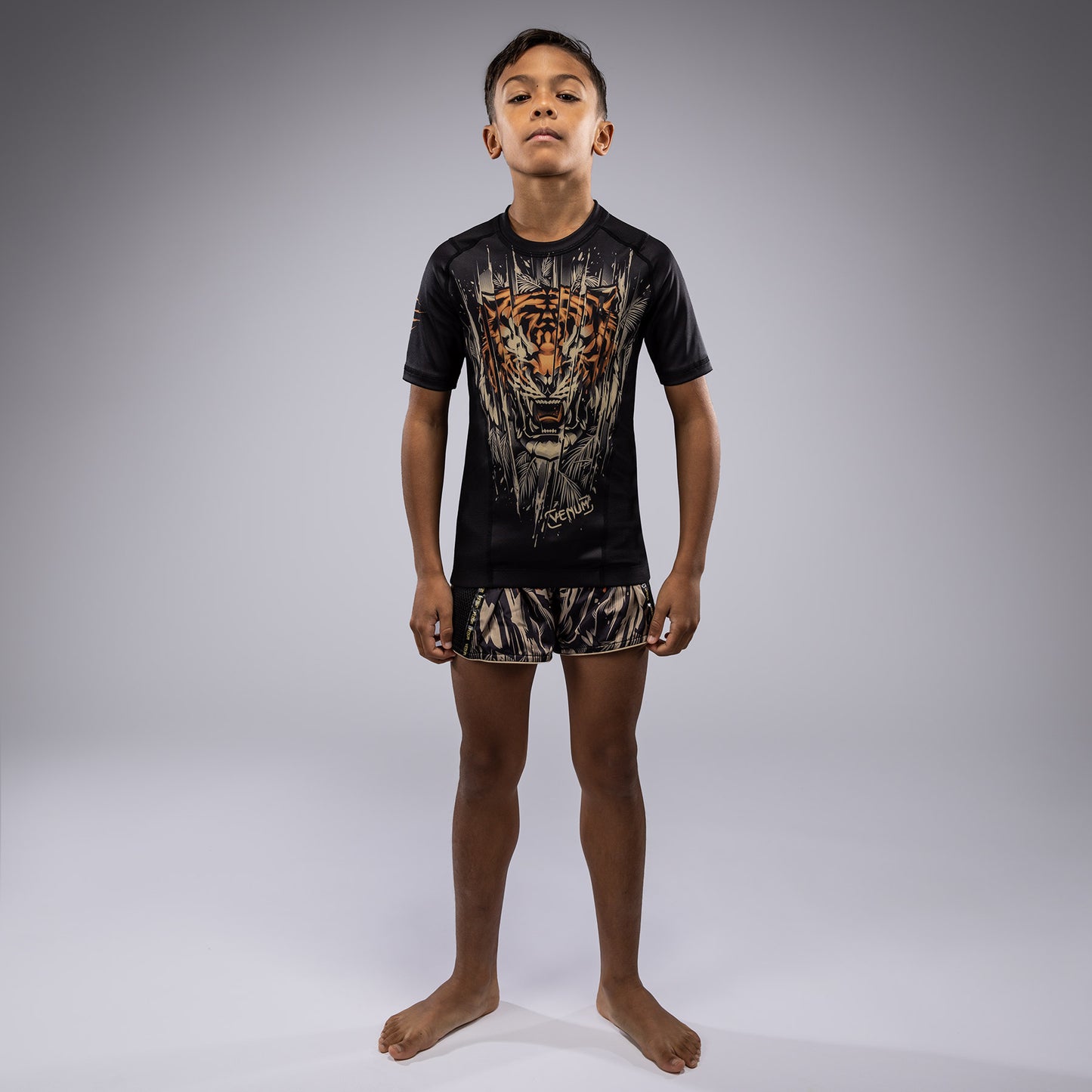 Venum Tiger Rashguard Maniche Corte Bambini - Nero/Arancione Neon