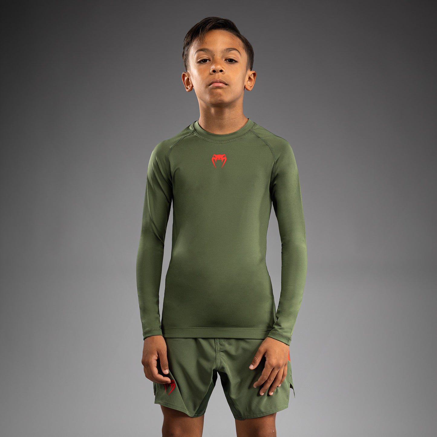Venum Contender Rashguards Maniche Lunghe per Bambini - Verde Militare/Arancione