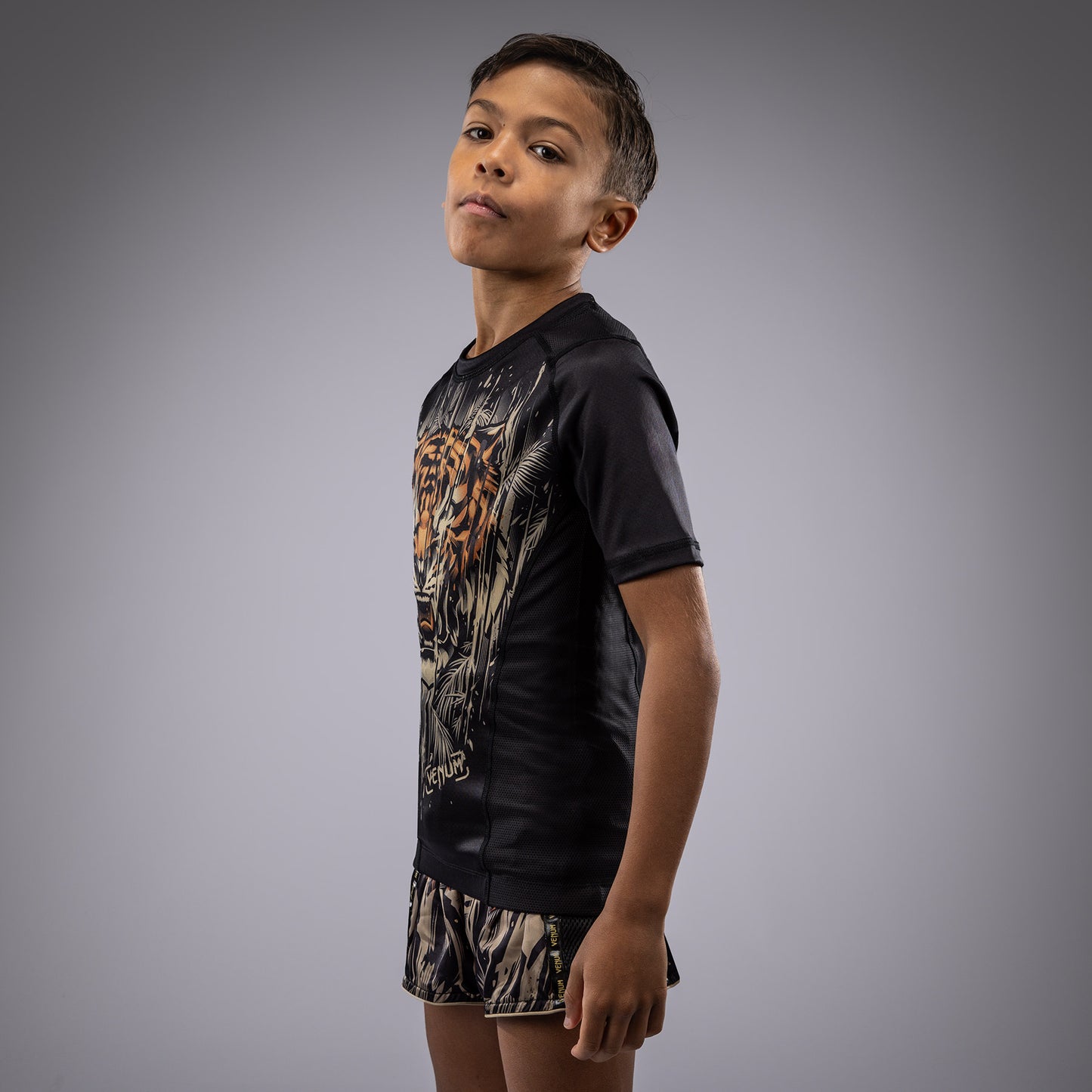 Venum Tiger Rashguard Maniche Corte Bambini - Nero/Arancione Neon