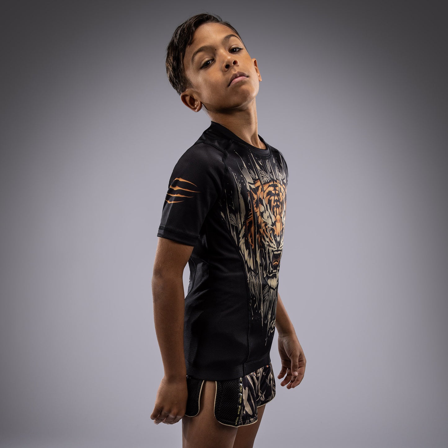 Venum Tiger Rashguard Maniche Corte Bambini - Nero/Arancione Neon