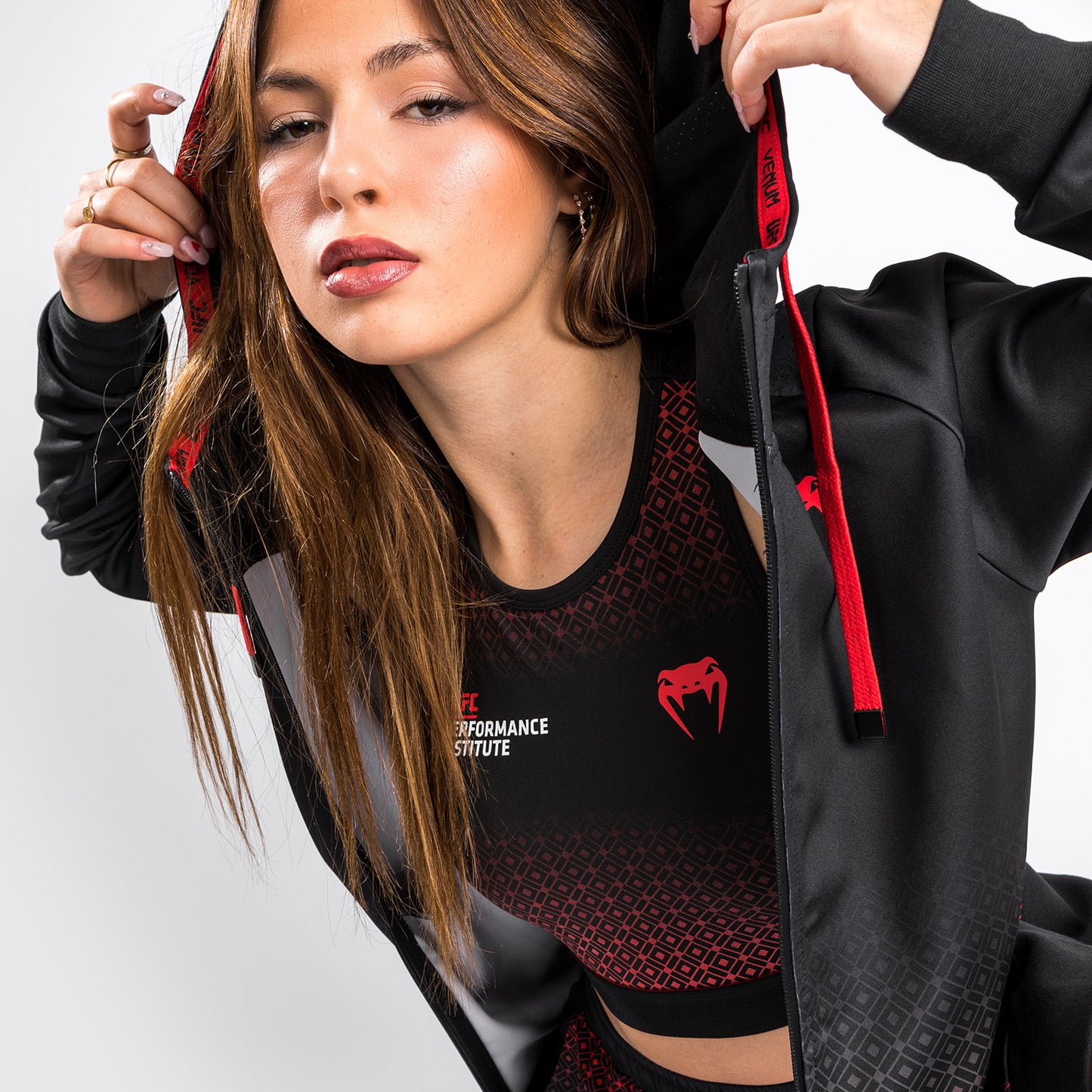 Felpa Con Cappuccio Venum UFC Performance Institute - Per Donna - Nero/Rosso