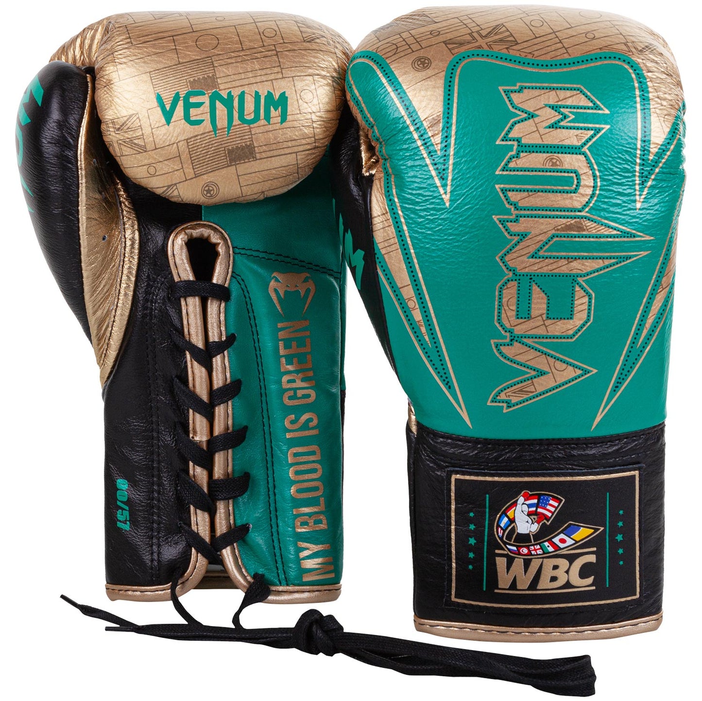 Guantoni da boxe professionali Venum Hammer – Edizione limitata WBC - Lacci - Verde metallizzato/Oro